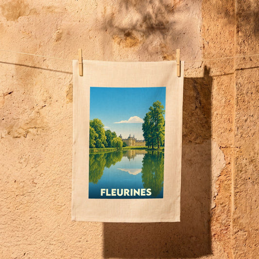 Torchon souvenir de la ville de Fleurines orné d'une illustration stylisée de son château se reflétant dans l'eau.