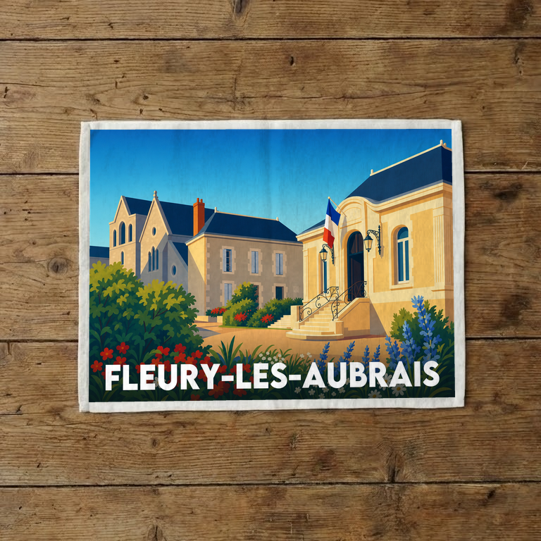 Torchon souvenir de la ville de Fleury-les-Aubrais avec une illustration stylisée.