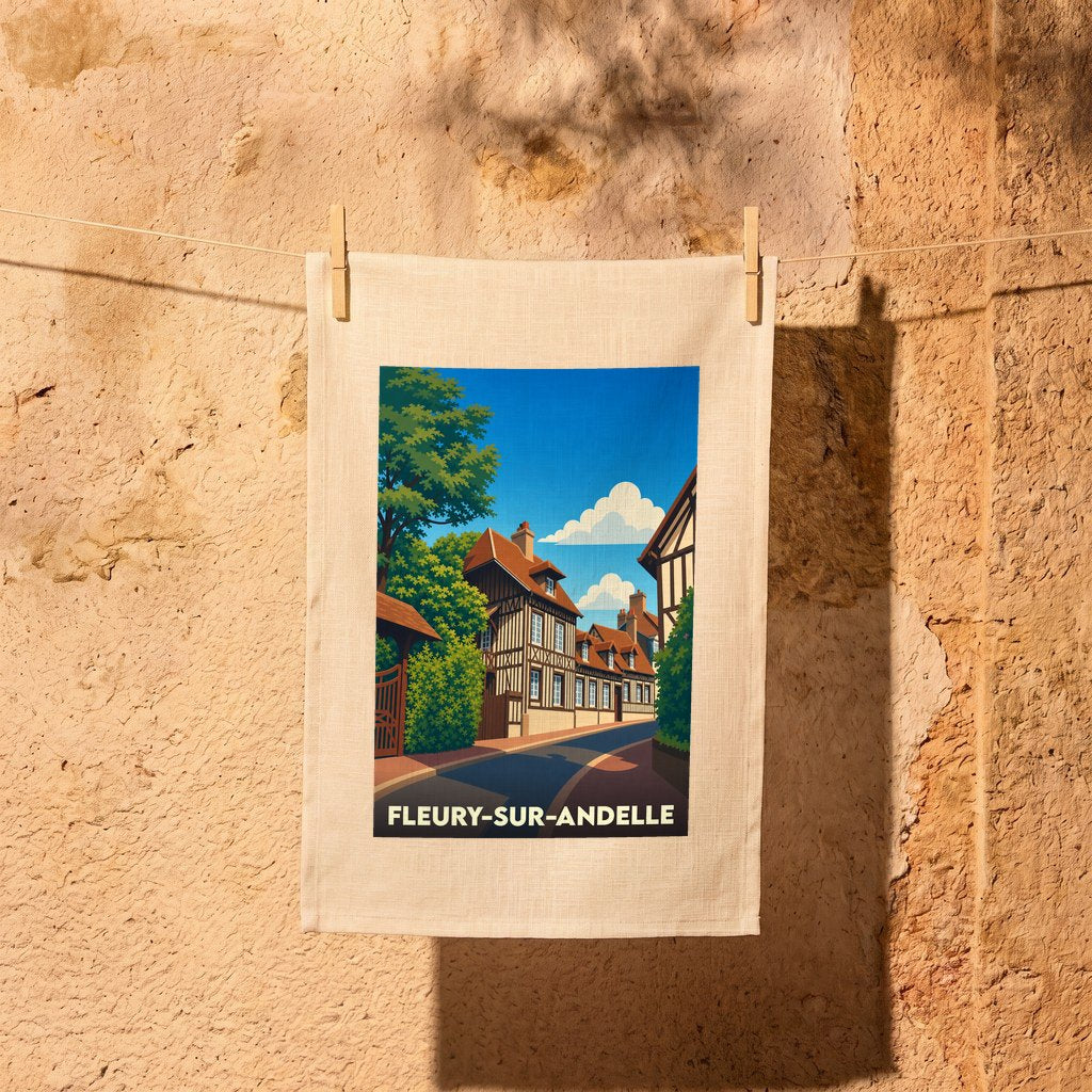 Torchon souvenir de la ville de Fleury-sur-Andelle avec une illustration stylisée d'une rue normande.