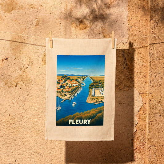 Torchon souvenir de la ville de Fleury avec une illustration stylisée d'un port méditerranéen.