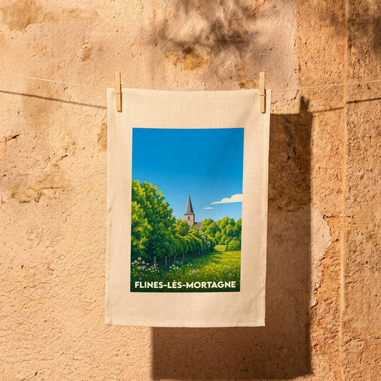 Torchon souvenir de la ville de Flines-lès-Mortagne avec une illustration stylisée.