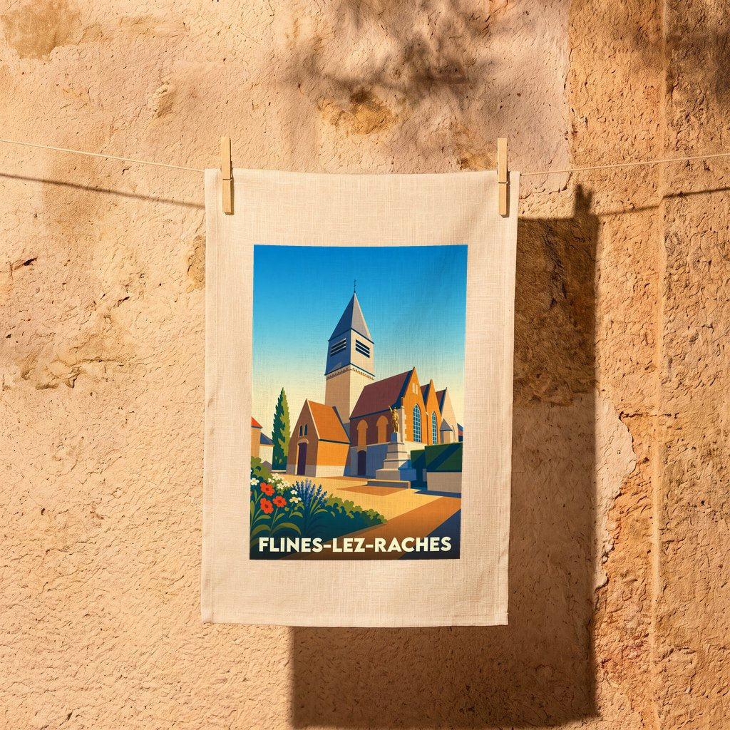 Torchon souvenir de la ville de Flines-lez-Raches avec une illustration stylisée de son église.