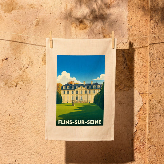Torchon souvenir de la ville de Flins-sur-Seine avec une illustration stylisée d'un château.