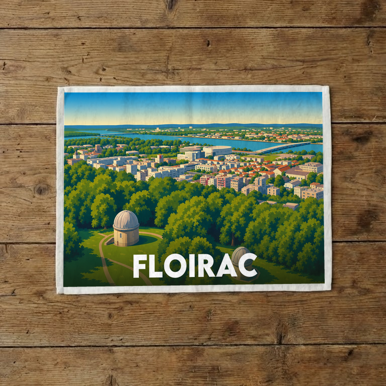Torchon souvenir de la ville de Floirac avec une illustration stylisée de son paysage et de son observatoire.
