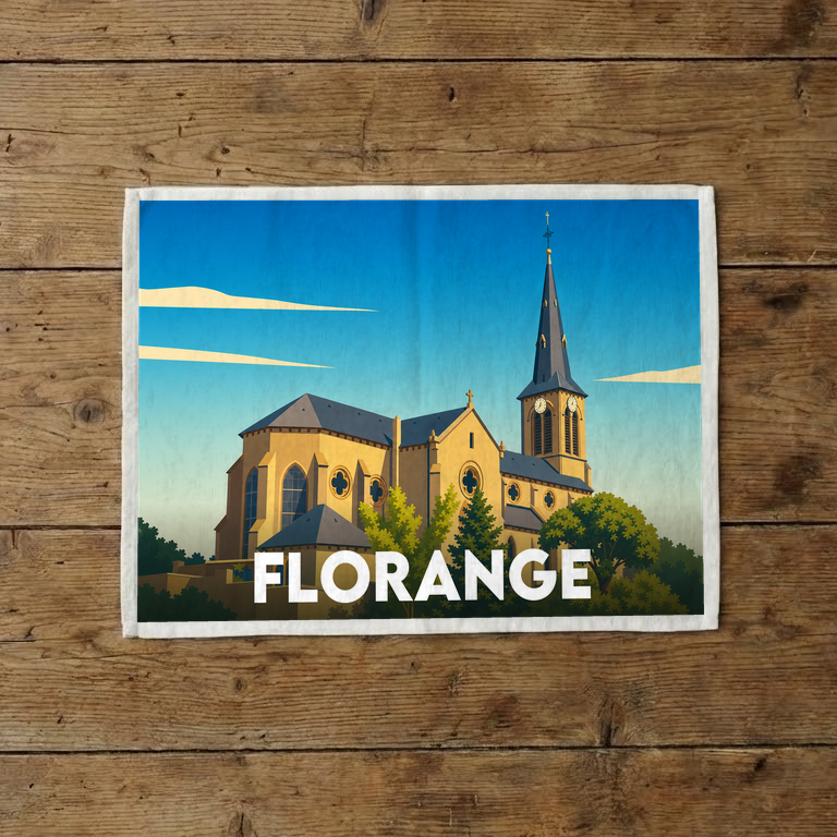 Torchon souvenir de la ville de Florange avec une illustration stylisée de son église sur fond de ciel bleu.