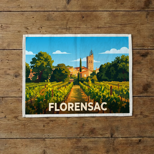 Torchon souvenir de la ville de Florensac avec une illustration stylisée de ses vignobles et de son clocher.