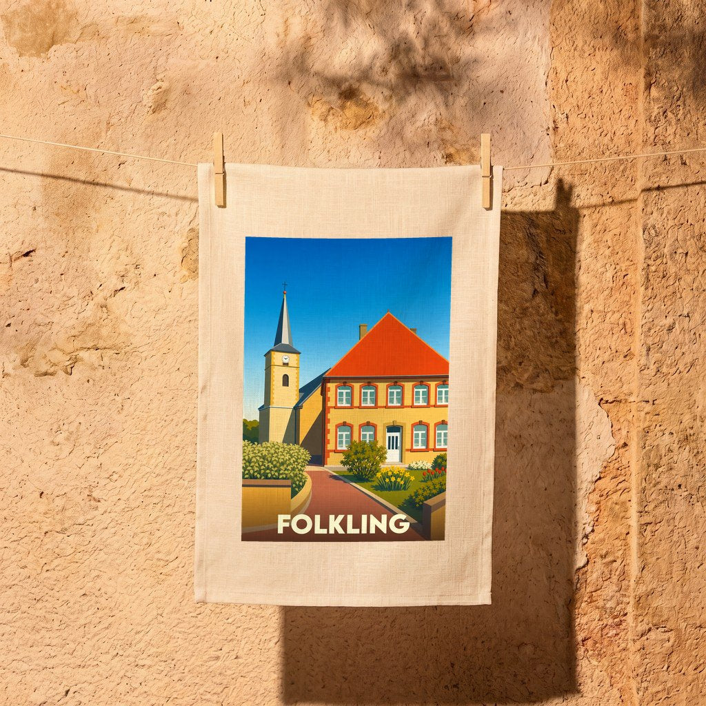 Torchon souvenir de la ville de Folkling avec une illustration stylisée d'une église et d'une maison traditionnelle.