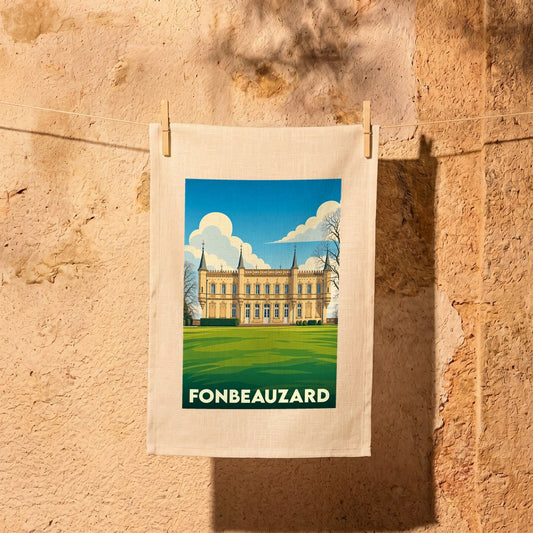 Torchon souvenir de la ville de Fonbeauzard avec une illustration stylisée de son château.