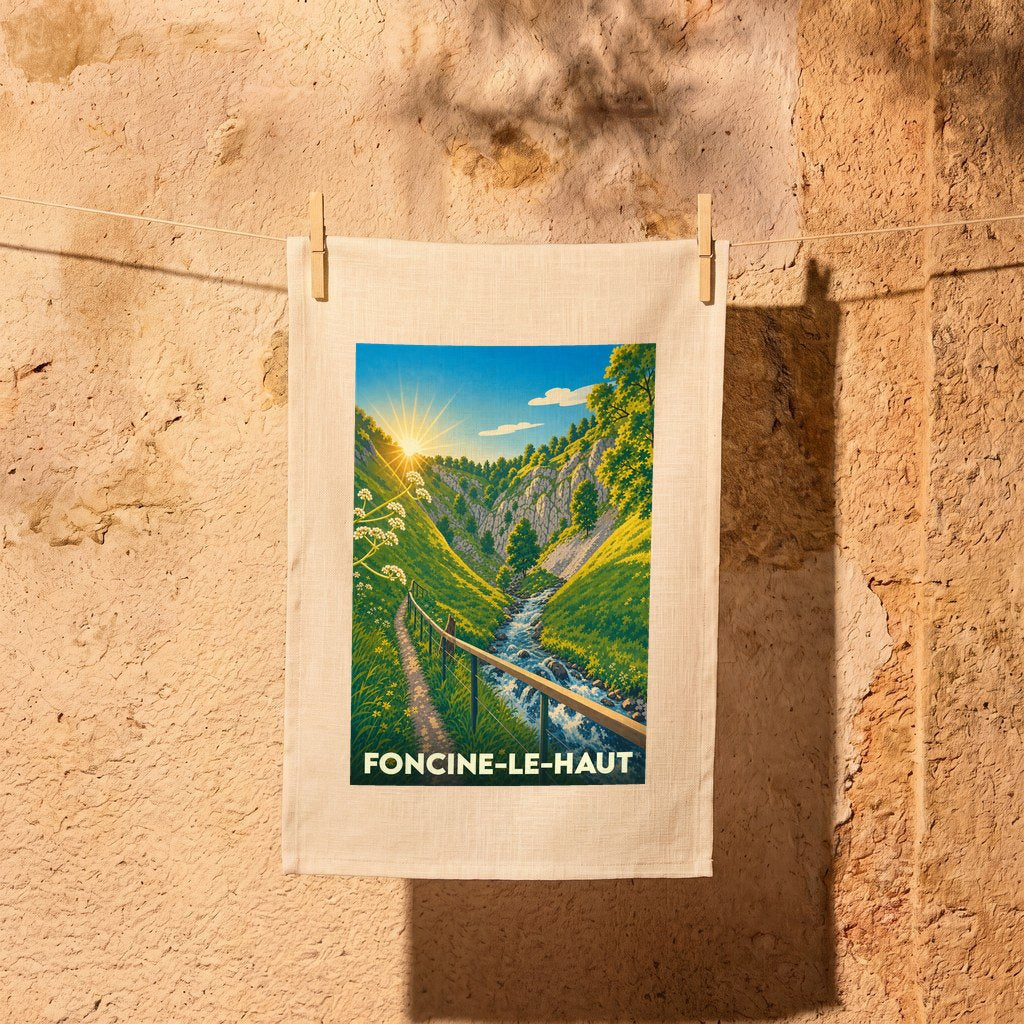 Torchon souvenir de la ville de Foncine-le-Haut avec une illustration stylisée d'un paysage montagneux.
