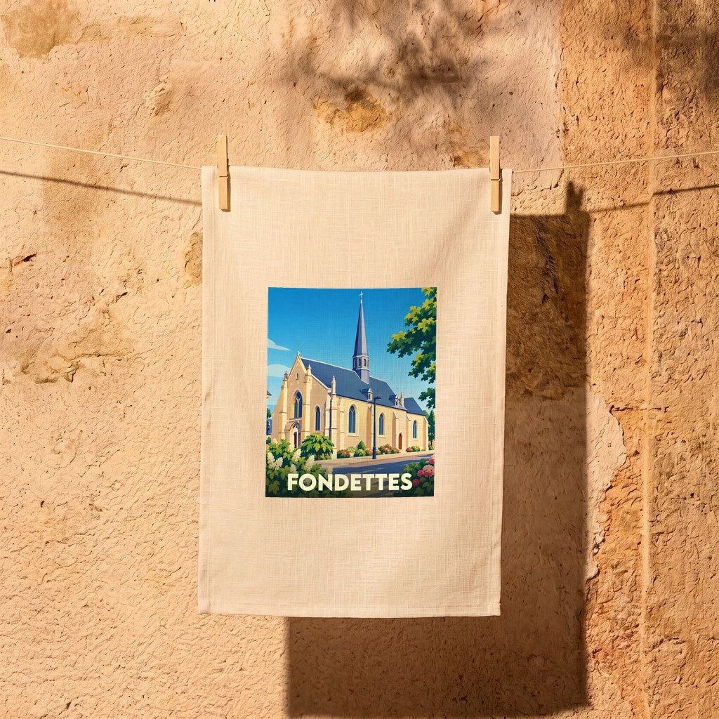 Torchon souvenir de la ville de Fondettes avec une illustration stylisée de son église sous un ciel bleu.