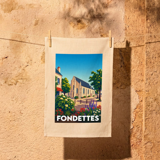 Torchon souvenir de la ville de Fondettes orné d'une illustration stylisée de son église et de ses paysages fleuris.