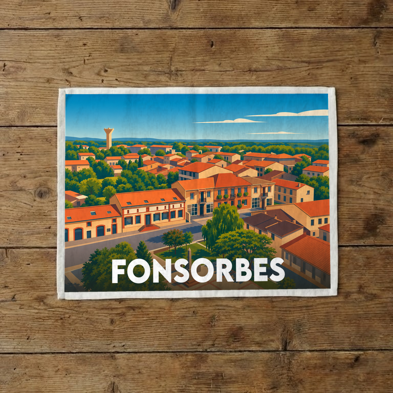 Torchon souvenir de la ville de Fonsorbes avec une illustration stylisée d'une vue aérienne.