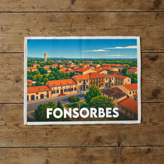 Torchon souvenir de la ville de Fonsorbes avec une illustration stylisée d'une vue aérienne.