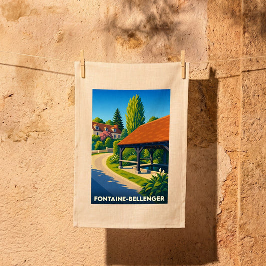 Torchon souvenir de Fontaine-Bellenger orné d'une illustration colorée de la commune.