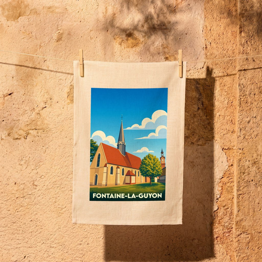 Torchon souvenir de la ville de Fontaine-la-Guyon avec une illustration stylisée de son église.