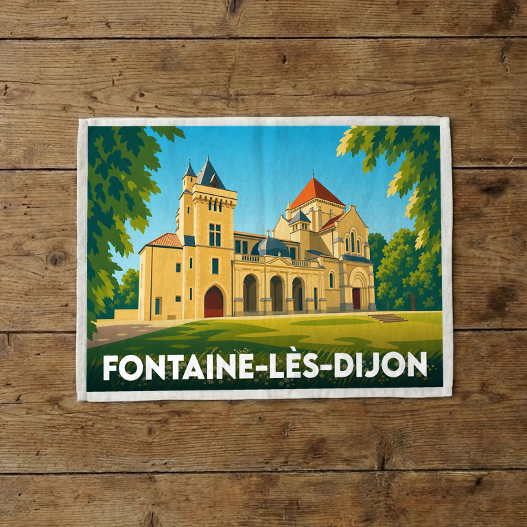 Torchon souvenir de Fontaine-lès-Dijon orné d'une illustration stylisée du château et de l'église Saint-Bernard.