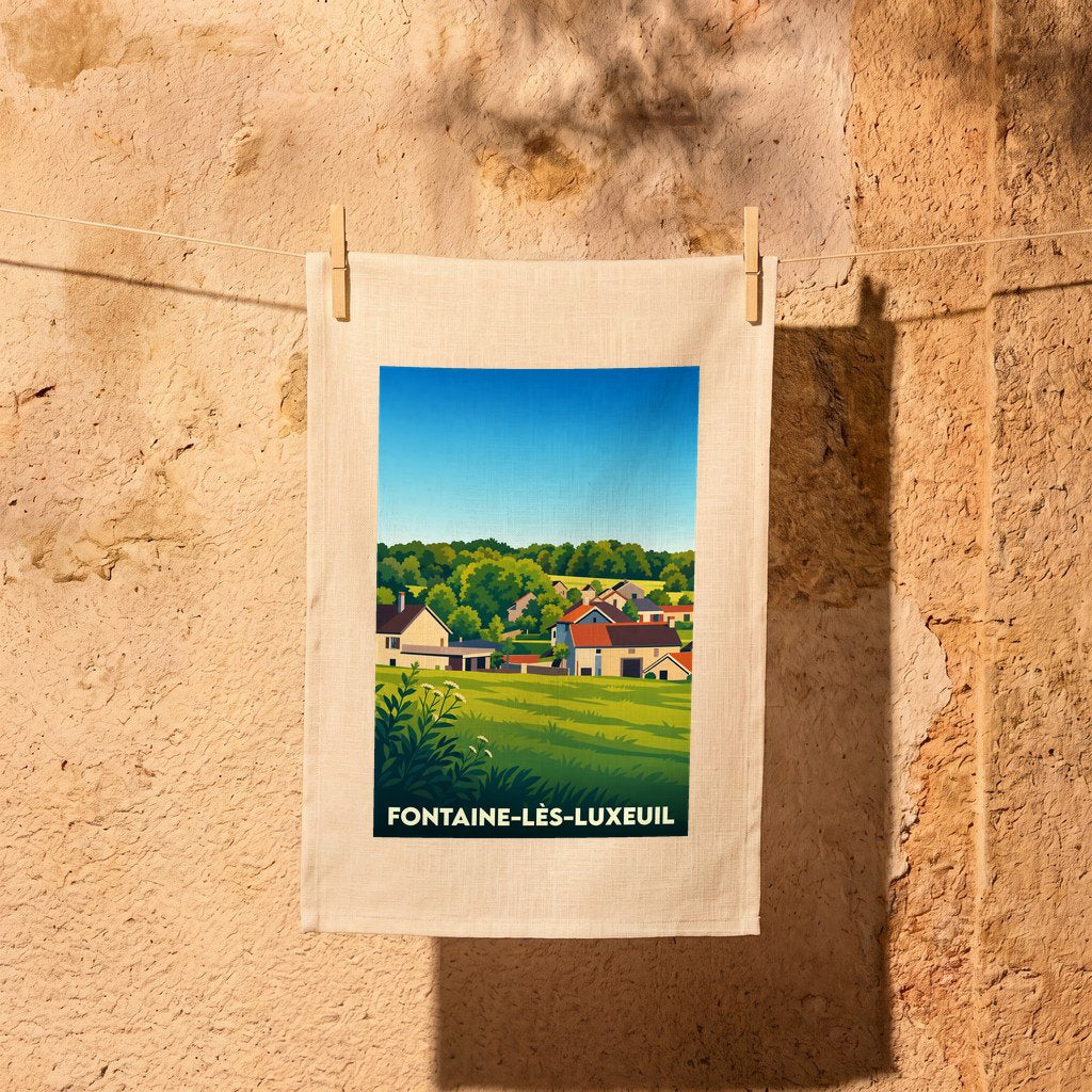 Torchon souvenir de Fontaine-lès-Luxeuil avec une illustration stylisée du village et ses paysages verdoyants.