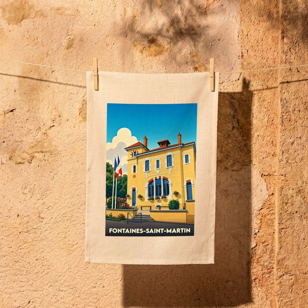Torchon souvenir de la ville de Fontaines-Saint-Martin avec une illustration colorée d'un bâtiment emblématique sous un ciel bleu.