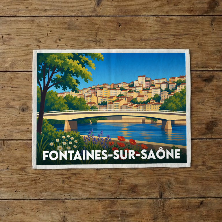 Torchon souvenir de Fontaines-sur-Saône avec une illustration stylisée de la ville et de son pont.