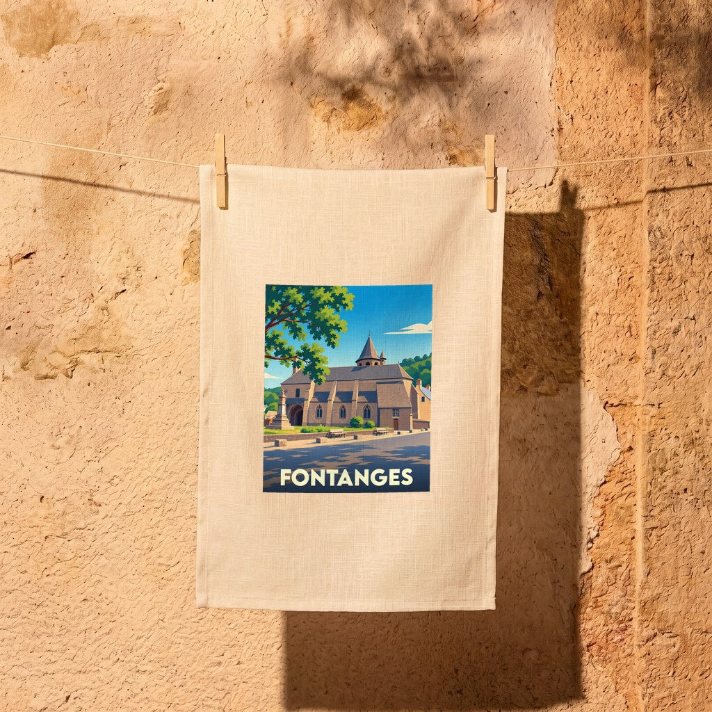 Torchon souvenir de la ville de Fontanges avec une illustration stylisée de son église.