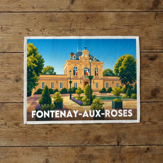 Torchon souvenir de la ville de Fontenay-aux-Roses avec une illustration stylisée de son hôtel de ville.