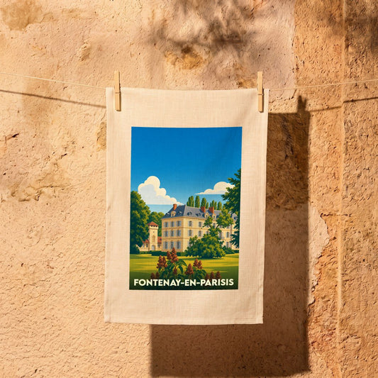 Torchon souvenir de la ville de Fontenay-en-Parisis avec une illustration stylisée d'un château.