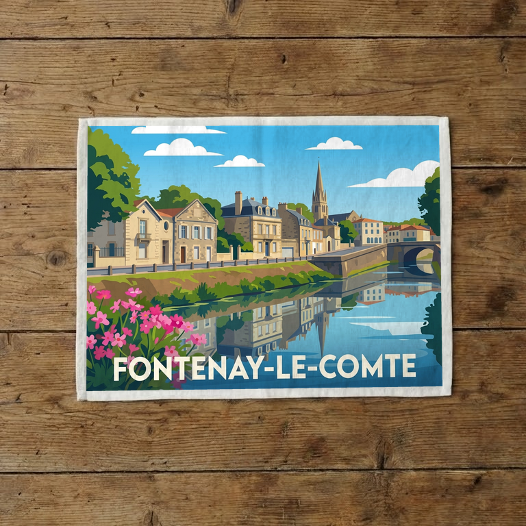 Torchon souvenir de la ville de Fontenay-le-Comte avec une illustration stylisée.