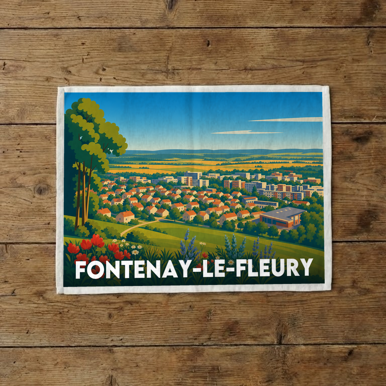 Torchon souvenir de la ville de Fontenay-le-Fleury avec une illustration panoramique stylisée.