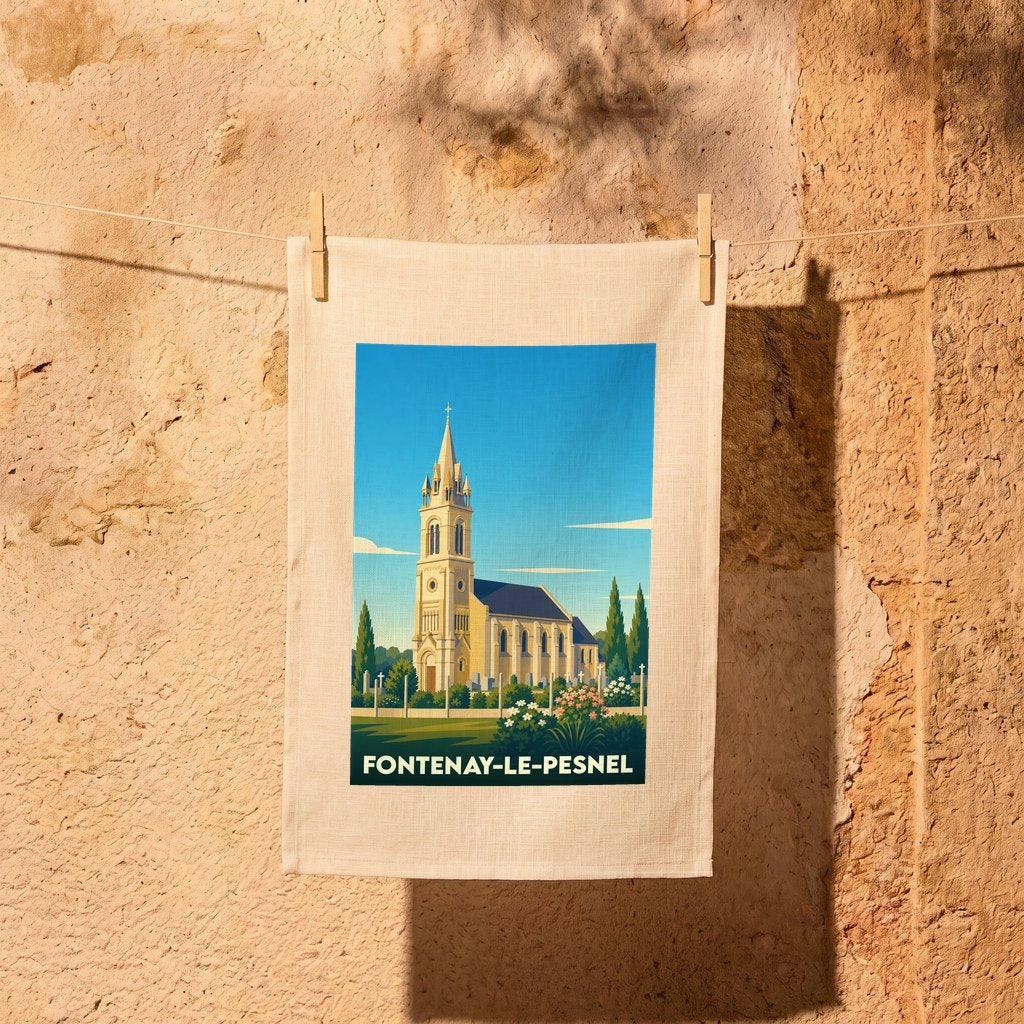 Torchon souvenir de la ville de Fontenay-le-Pesnel orné d'une illustration stylisée de son église.