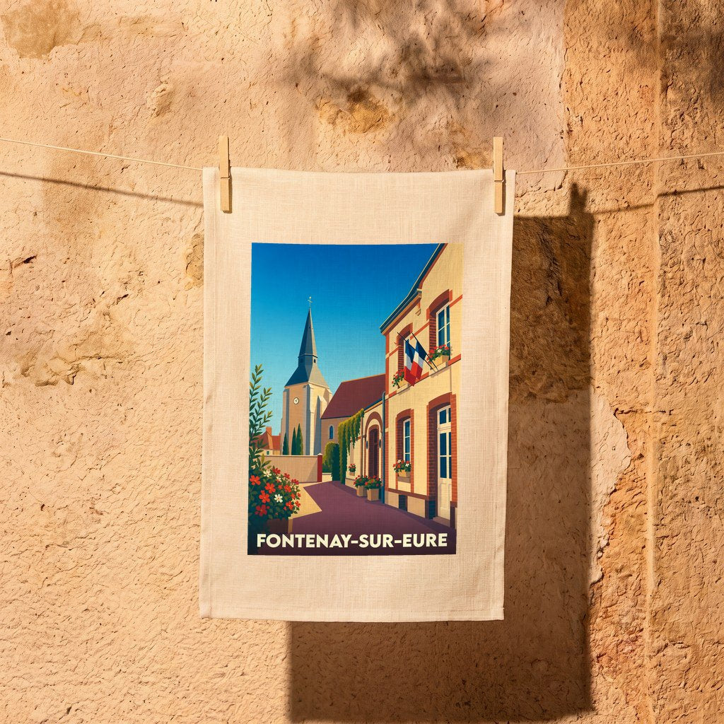 Torchon souvenir de la ville de Fontenay-sur-Eure avec une illustration stylisée.