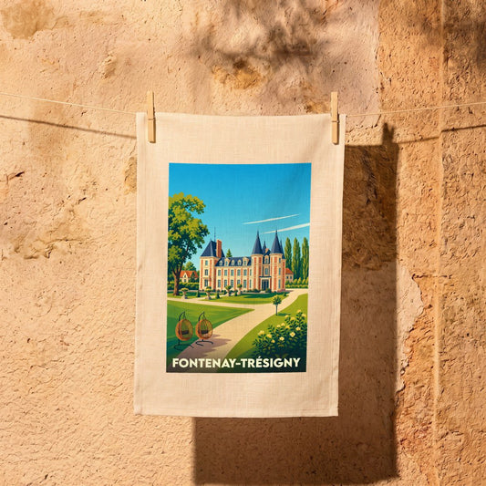 Torchon souvenir de la ville de Fontenay-Trésigny avec une illustration stylisée de son château et de son parc.