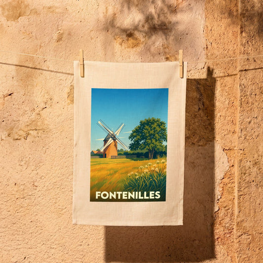 Torchon souvenir de la ville de Fontenilles avec une illustration stylisée d'un moulin.