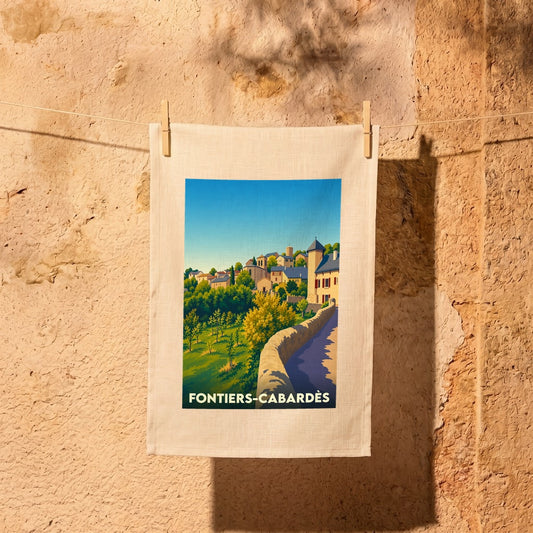 Torchon souvenir de la ville de Fontiers-Cabardès avec une illustration stylisée.