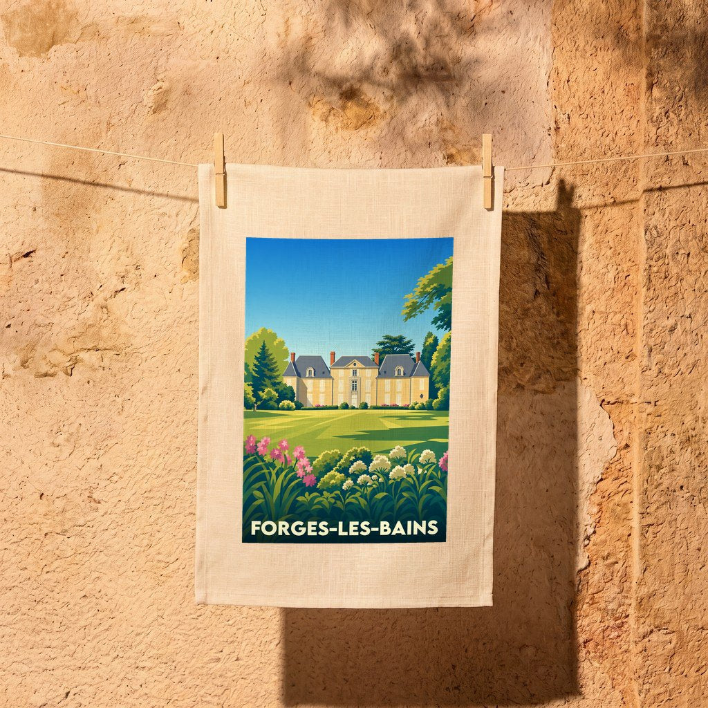 Torchon souvenir de la ville de Forges-les-Bains avec une illustration stylisée d'un château.