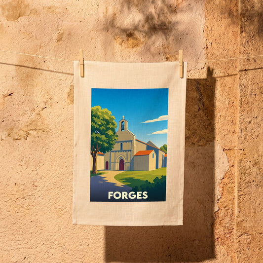 Torchon souvenir de la ville de Forges avec une illustration stylisée de son église.