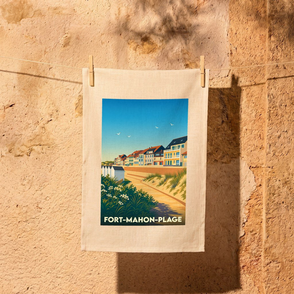 Torchon souvenir de la ville de Fort-Mahon-Plage avec une illustration stylisée du front de mer.