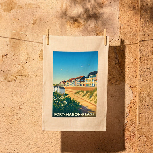 Torchon souvenir de la ville de Fort-Mahon-Plage avec une illustration stylisée du front de mer.