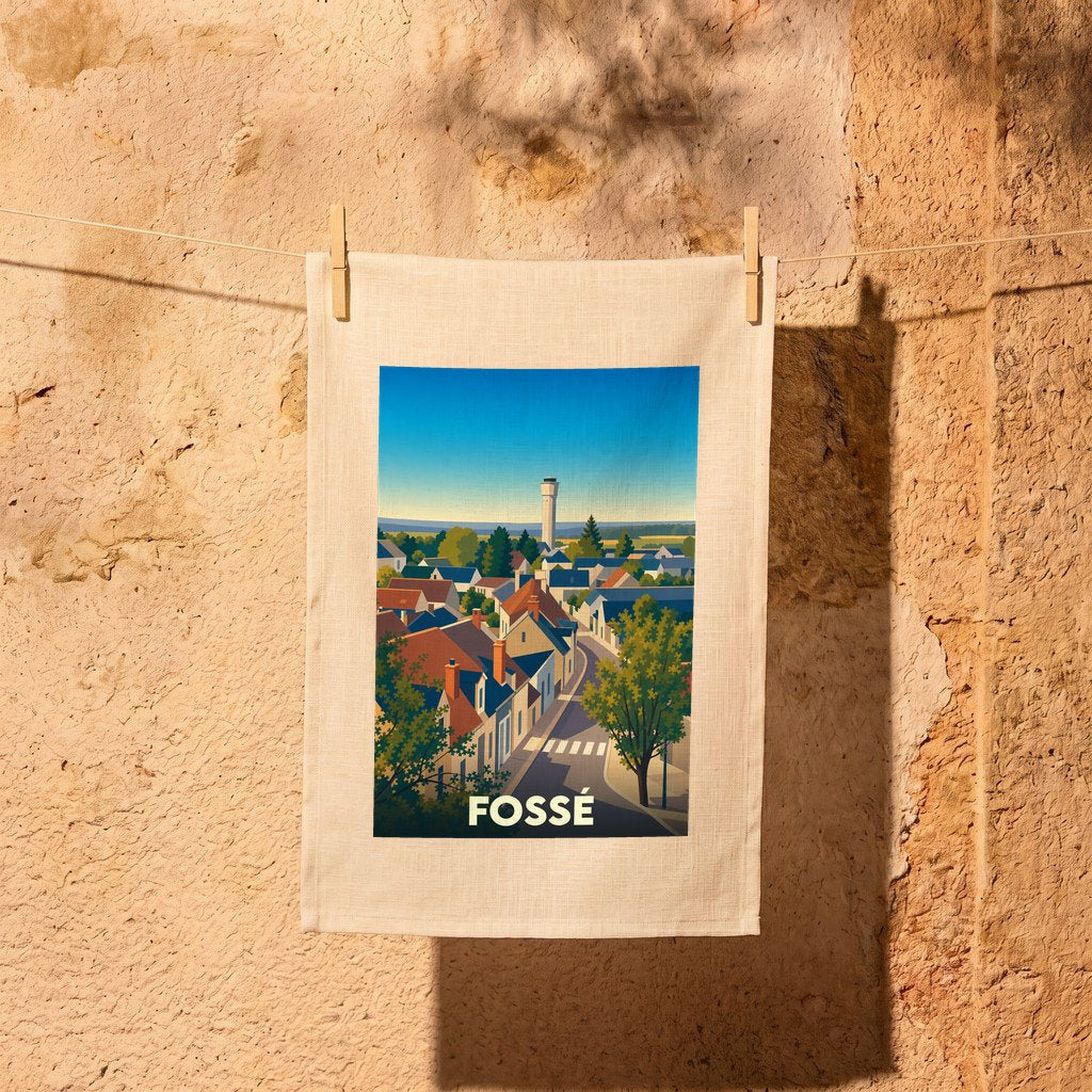Torchon souvenir de la ville de Fossé avec une illustration stylisée.