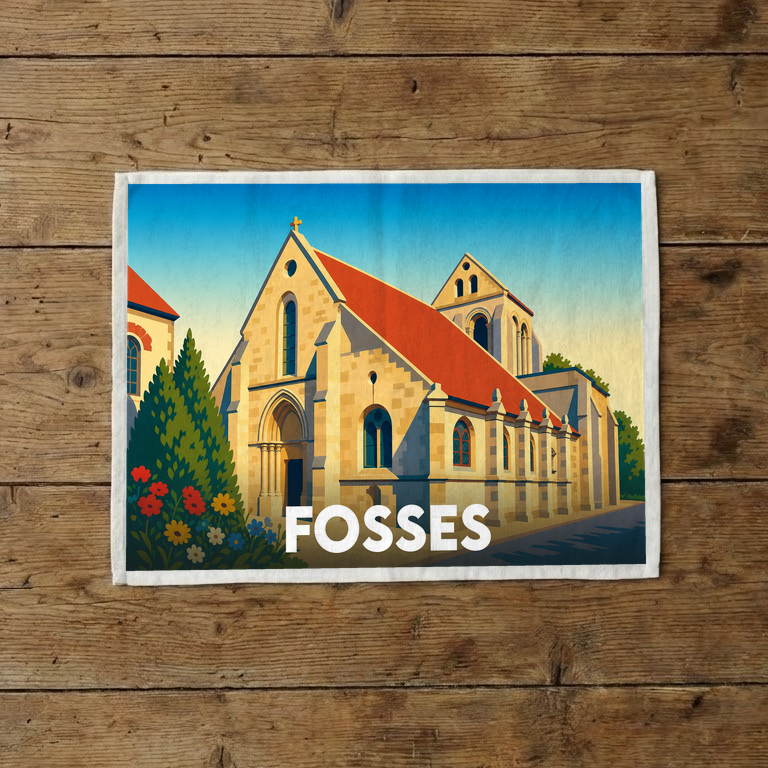 Torchon souvenir de la ville de Fosses illustré par une église stylisée sous un ciel bleu.