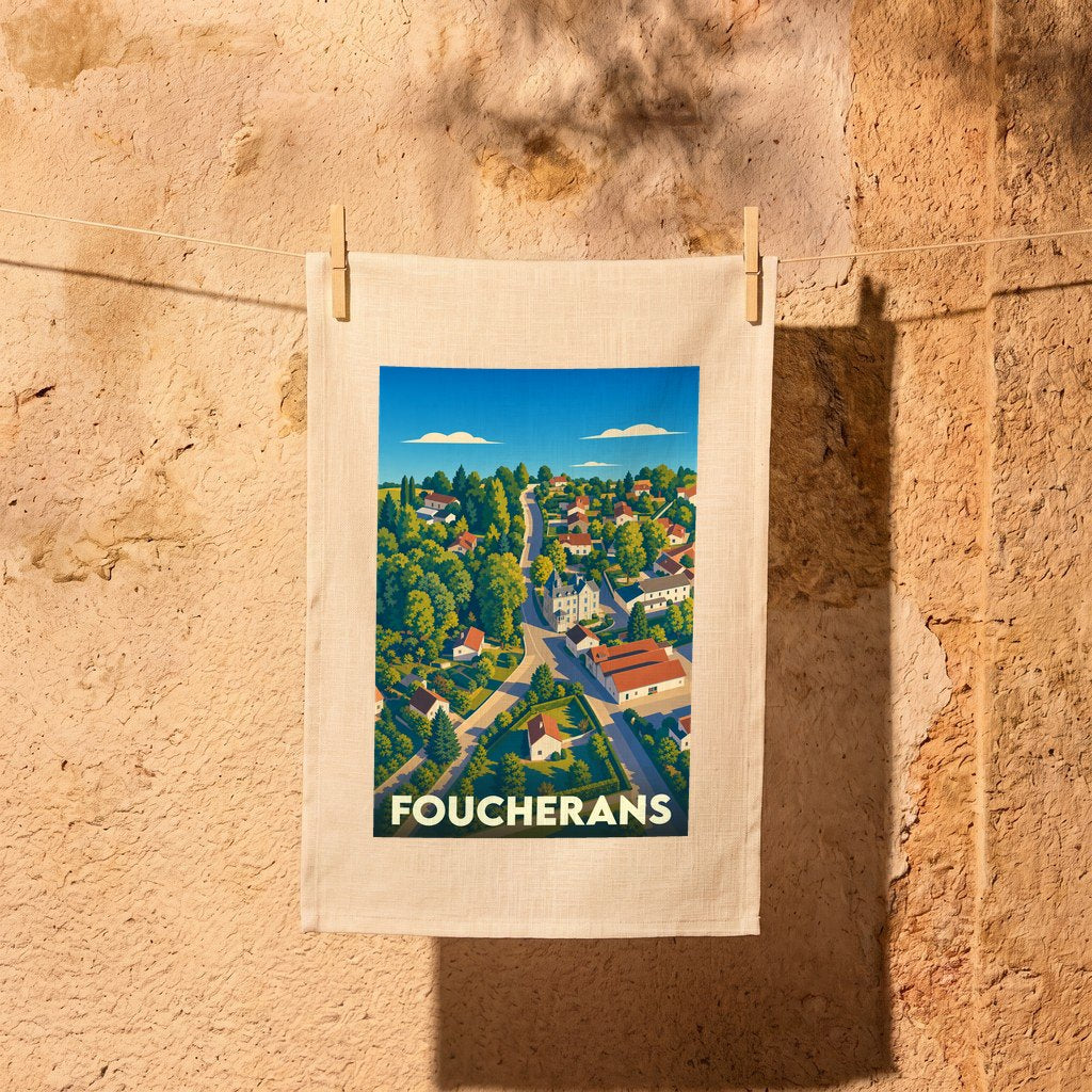 Torchon souvenir de la ville de Foucherans avec une illustration stylisée et colorée du village.