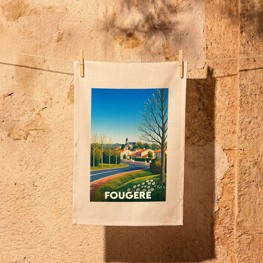Torchon souvenir de la ville de Fougeré avec une illustration stylisée et colorée de ses paysages.