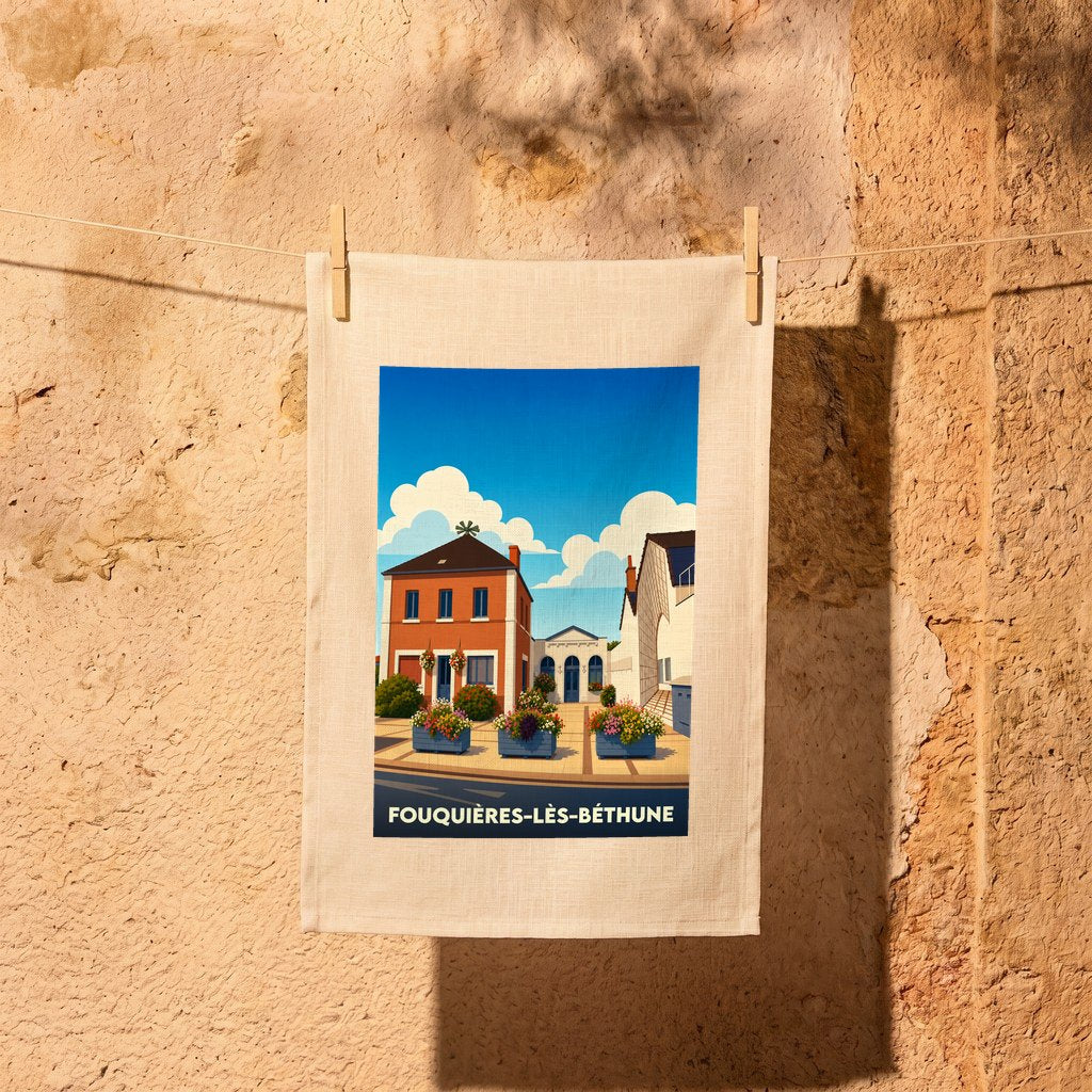 Torchon souvenir de la ville de Fouquières-lès-Béthune avec une illustration stylisée et colorée.