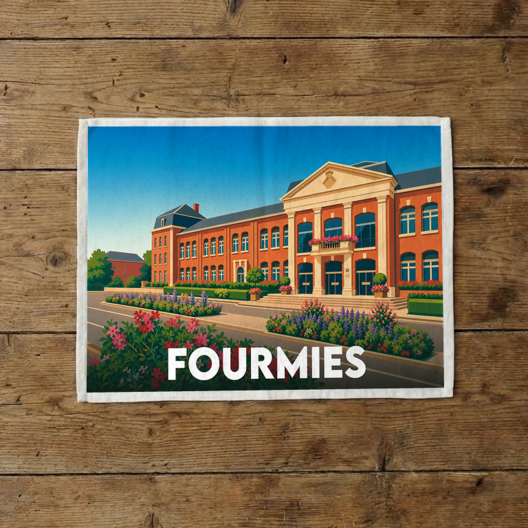 Torchon souvenir de la ville de Fourmies avec une illustration stylisée de son hôtel de ville fleuri.
