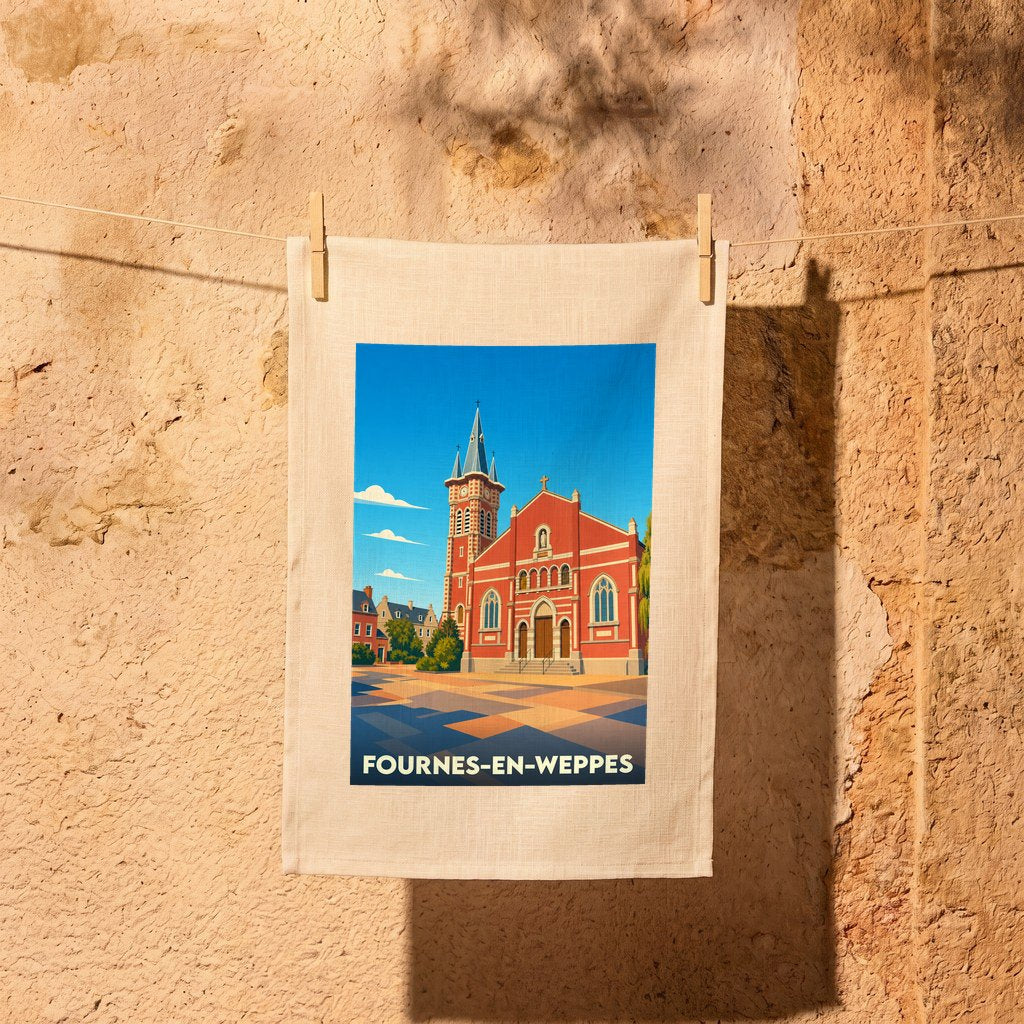 Torchon souvenir de la ville de Fournes-en-Weppes avec une illustration stylisée de son église.