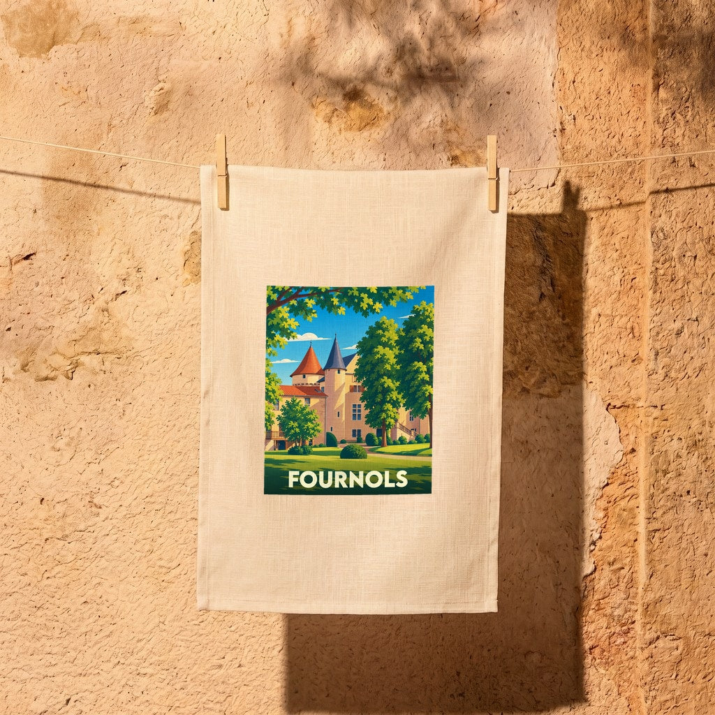 Torchon souvenir de la ville de Fournols avec une illustration stylisée de son château.