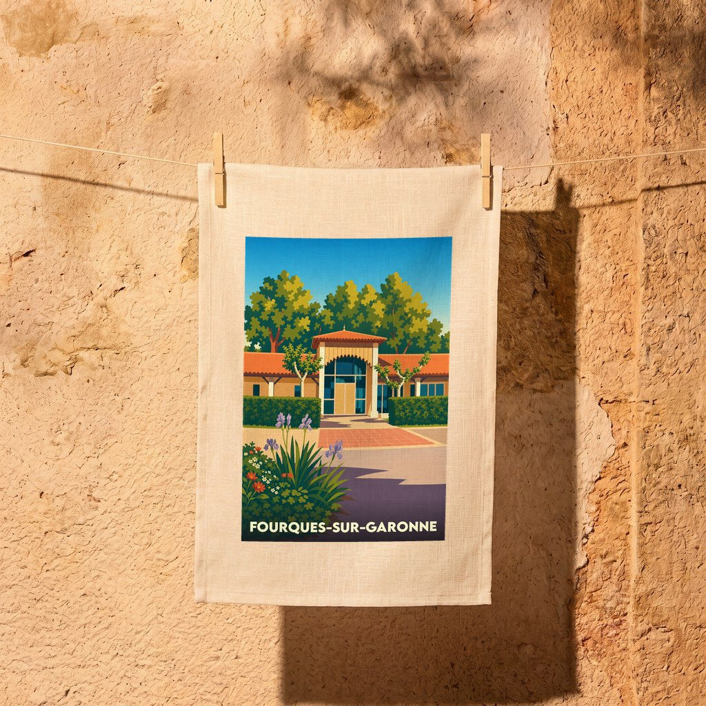 Torchon de cuisine arborant une illustration colorée et stylisée de Fourques-sur-Garonne, suspendu devant un mur en pierre.