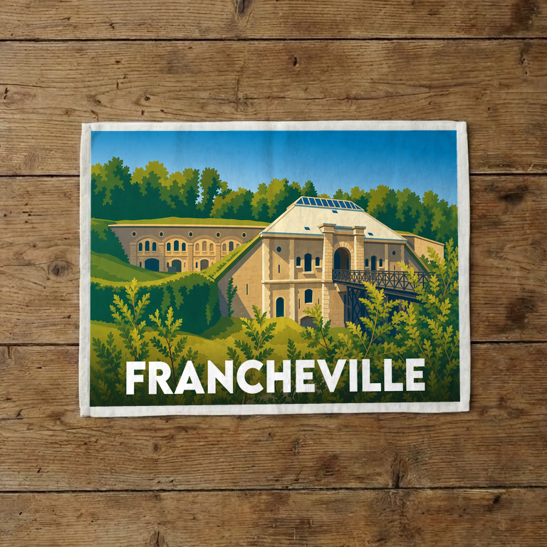 Torchon souvenir de la ville de Francheville avec une illustration stylisée de son fort.