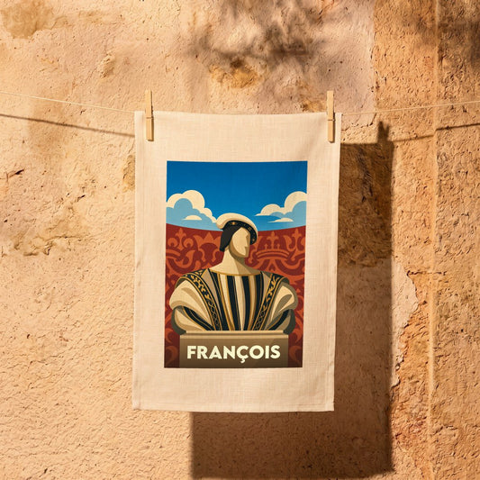 Torchon souvenir de la ville de François avec une illustration stylisée d'un buste historique.