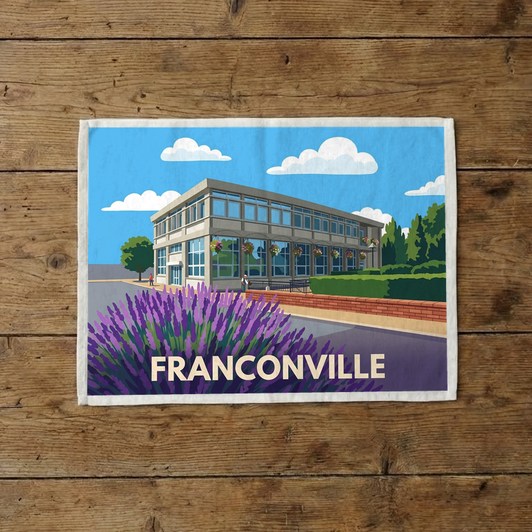 Torchon souvenir de la ville de Franconville avec une illustration stylisée.