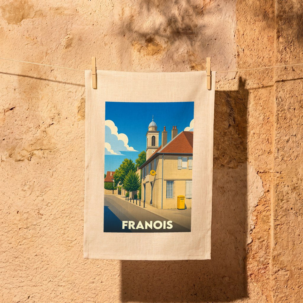 Torchon souvenir de la ville de Franois avec une illustration stylisée.